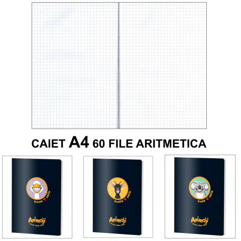 Caiet A4 Aritmetica 60 File - Organizare Calcule si Rezolvare Probleme, Matematica si Geometrie Scolara, Design Animoji pe Fundal Negru [2]