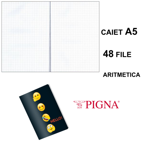 Caiet A5 Aritmetica 48 File - Calcule Portabile si Geometrie Organizata, Uz Scolar si Meditatii Practice, Design Emoji pe Fond Negru Lucios [2]