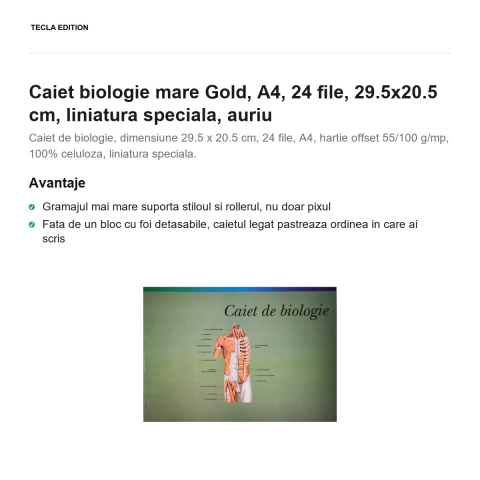 Caiet biologie mare Gold, A4, 24 file, 29.5x20.5 cm, liniatura speciala, auriu [1]