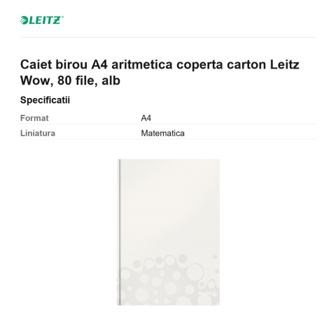 Caiet birou A4 aritmetica coperta carton Leitz Wow, 80 file, alb [2]