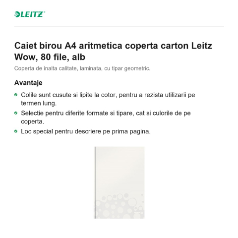 Caiet birou A4 aritmetica coperta carton Leitz Wow, 80 file, alb [1]