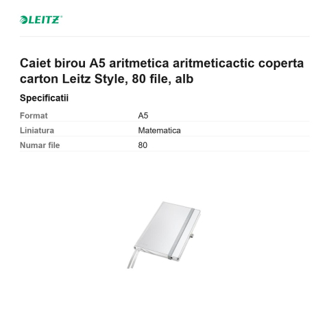 Caiet birou A5 aritmetica aritmeticactic coperta carton Leitz Style, 80 file, alb [2]