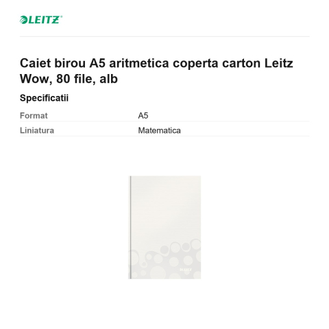 Caiet birou A5 aritmetica coperta carton Leitz Wow, 80 file, alb [2]