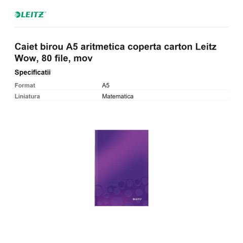 Caiet birou A5 aritmetica coperta carton Leitz Wow, 80 file, mov [2]