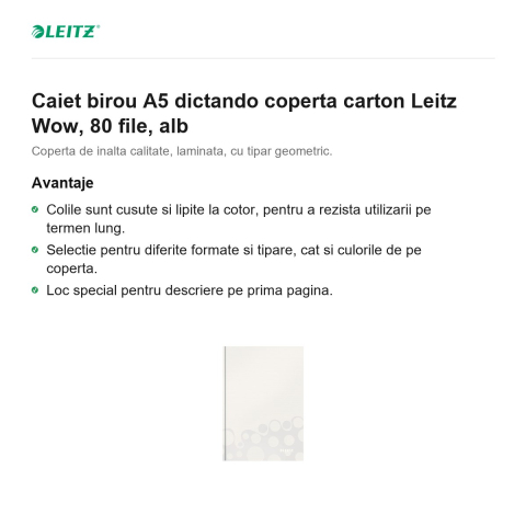 Caiet birou A5 dictando coperta carton Leitz Wow, 80 file, alb [1]
