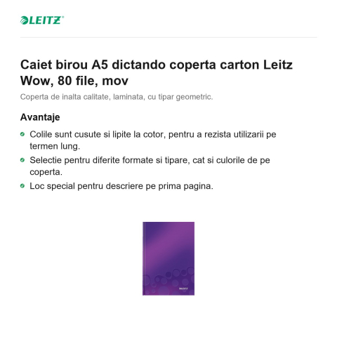 Caiet birou A5 dictando coperta carton Leitz Wow, 80 file, mov [1]