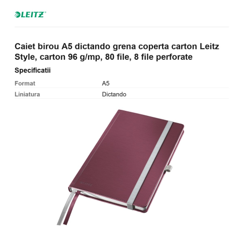 Caiet birou A5 dictando grena coperta carton Leitz Style, carton 96 g/mp, 80 file, 8 file perforate [2]