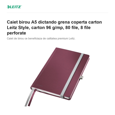 Caiet birou A5 dictando grena coperta carton Leitz Style, carton 96 g/mp, 80 file, 8 file perforate [1]