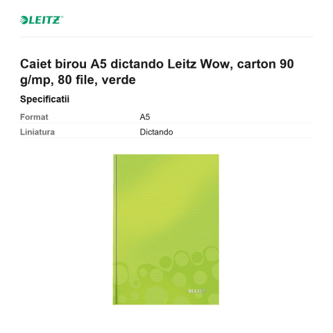 Caiet birou A5 dictando Leitz Wow, carton 90 g/mp, 80 file, verde [2]