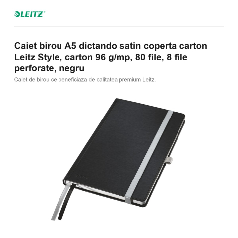 Caiet birou A5 dictando satin coperta carton Leitz Style, carton 96 g/mp, 80 file, 8 file perforate, negru [1]