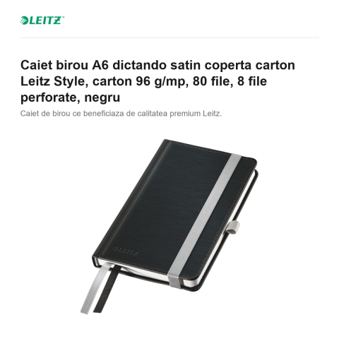 Caiet birou A6 dictando satin coperta carton Leitz Style, carton 96 g/mp, 80 file, 8 file perforate, negru [1]