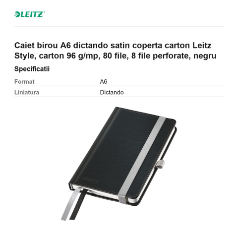 Caiet birou A6 dictando satin coperta carton Leitz Style, carton 96 g/mp, 80 file, 8 file perforate, negru [2]