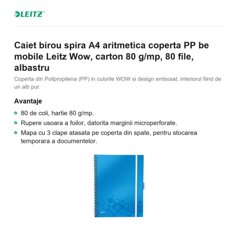 Caiet birou spira A4 aritmetica coperta PP be mobile Leitz Wow, carton 80 g/mp, 80 file, albastru [1]