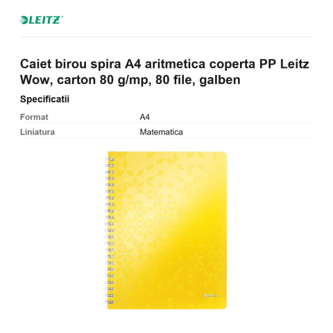 Caiet birou spira A4 aritmetica coperta PP Leitz Wow, carton 80 g/mp, 80 file, galben [2]