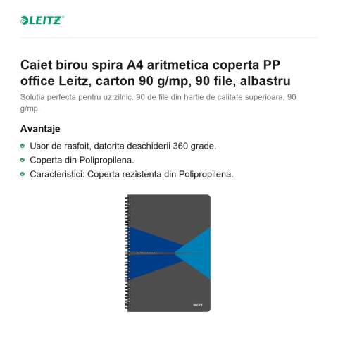 Caiet birou spira A4 aritmetica coperta PP office Leitz, carton 90 g/mp, 90 file, albastru [1]