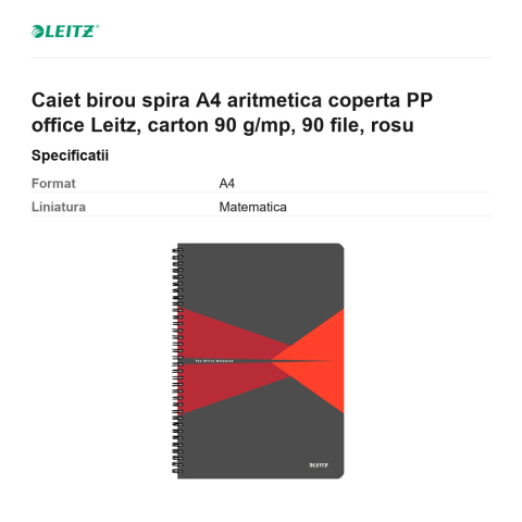 Caiet birou spira A4 aritmetica coperta PP office Leitz, carton 90 g/mp, 90 file, rosu [2]