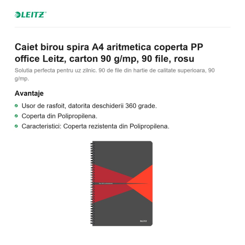 Caiet birou spira A4 aritmetica coperta PP office Leitz, carton 90 g/mp, 90 file, rosu [1]