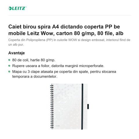 Caiet birou spira A4 dictando coperta PP be mobile Leitz Wow, carton 80 g/mp, 80 file, alb [1]