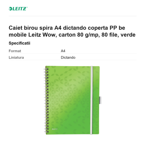 Caiet birou spira A4 dictando coperta PP be mobile Leitz Wow, carton 80 g/mp, 80 file, verde [2]