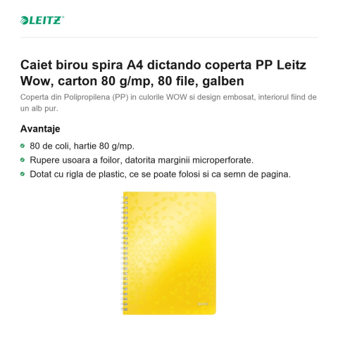 Caiet birou spira A4 dictando coperta PP Leitz Wow, carton 80 g/mp, 80 file, galben [1]