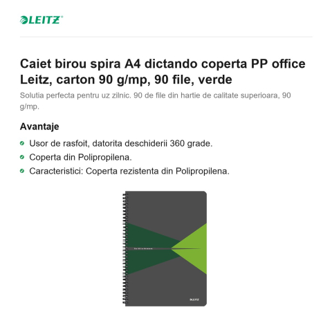 Caiet birou spira A4 dictando coperta PP office Leitz, carton 90 g/mp, 90 file, verde [1]