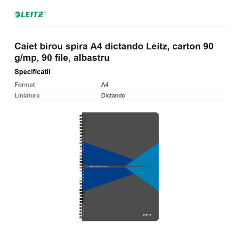 Caiet birou spira A4 dictando Leitz, carton 90 g/mp, 90 file, albastru [2]