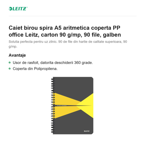 Caiet birou spira A5 aritmetica coperta PP office Leitz, carton 90 g/mp, 90 file, galben [1]