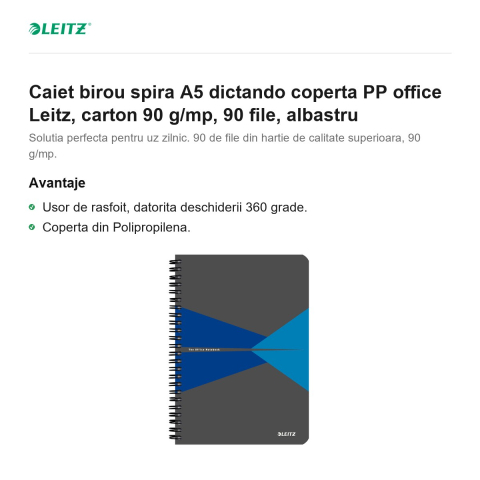 Caiet birou spira A5 dictando coperta PP office Leitz, carton 90 g/mp, 90 file, albastru [1]