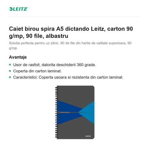 Caiet birou spira A5 dictando Leitz, carton 90 g/mp, 90 file, albastru [1]