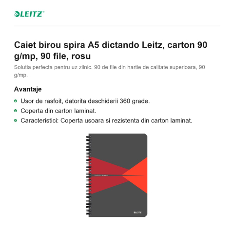 Caiet birou spira A5 dictando Leitz, carton 90 g/mp, 90 file, rosu [1]