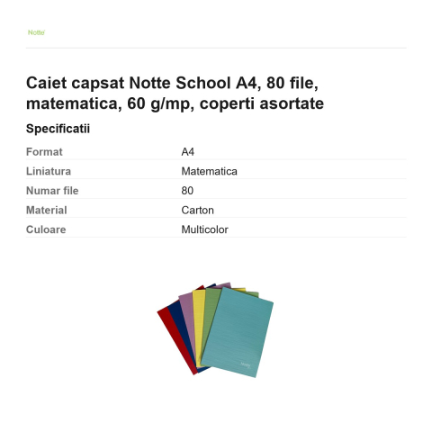 Caiet capsat Notte School A4, 80 file, matematica, 60 g/mp, coperti asortate [2]