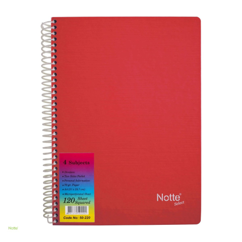 Caiet cu spira Notte A4 cu 4 subiecte, 120 file, matematica, 70 g/mp, coperta cartonata, 297x210 mm, multicolor [4]
