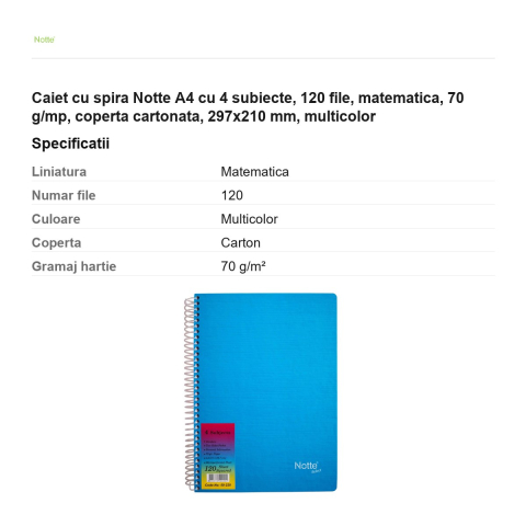 Caiet cu spira Notte A4 cu 4 subiecte, 120 file, matematica, 70 g/mp, coperta cartonata, 297x210 mm, multicolor [2]
