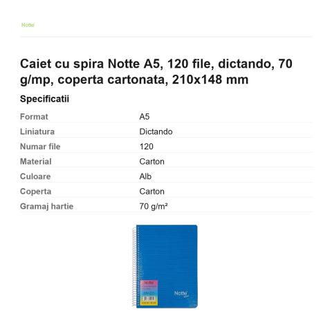 Caiet cu spira Notte A5, 120 file, dictando, 70 g/mp, coperta cartonata, 210x148 mm [2]