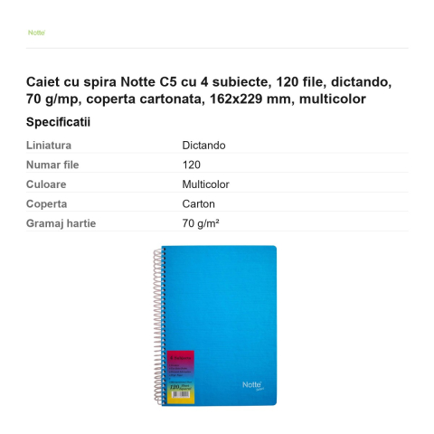 Caiet cu spira Notte C5 cu 4 subiecte, 120 file, dictando, 70 g/mp, coperta cartonata, 162x229 mm, multicolor [2]