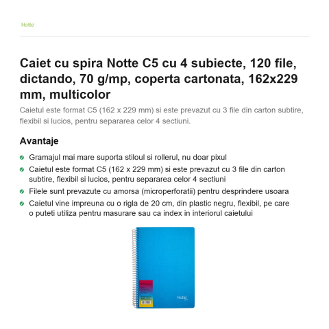 Caiet cu spira Notte C5 cu 4 subiecte, 120 file, dictando, 70 g/mp, coperta cartonata, 162x229 mm, multicolor [1]