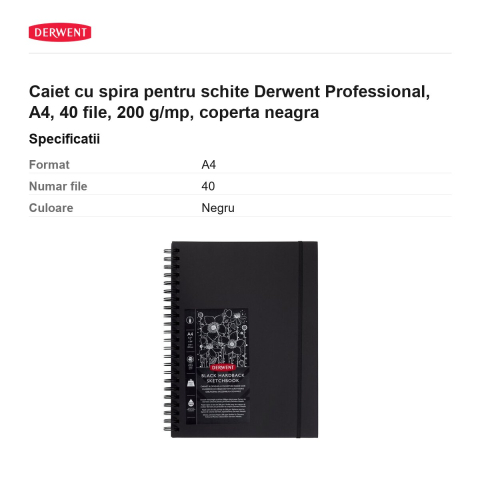 Caiet cu spira pentru schite Derwent Professional, A4, 40 file, 200 g/mp, coperta neagra [2]