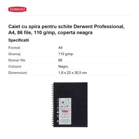 Caiet cu spira pentru schite Derwent Professional, A4, 86 file, 110 g/mp, coperta neagra [2]