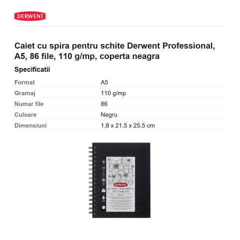 Caiet cu spira pentru schite Derwent Professional, A5, 86 file, 110 g/mp, coperta neagra [2]