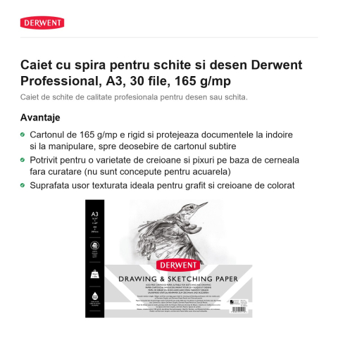 Caiet cu spira pentru schite si desen Derwent Professional, A3, 30 file, 165 g/mp [1]