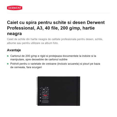 Caiet cu spira pentru schite si desen Derwent Professional, A3, 40 file, 200 g/mp, hartie neagra [1]