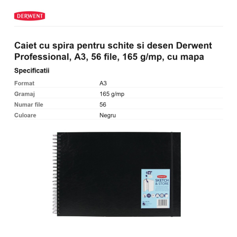 Caiet cu spira pentru schite si desen Derwent Professional, A3, 56 file, 165 g/mp, cu mapa [2]