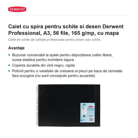 Caiet cu spira pentru schite si desen Derwent Professional, A3, 56 file, 165 g/mp, cu mapa [1]