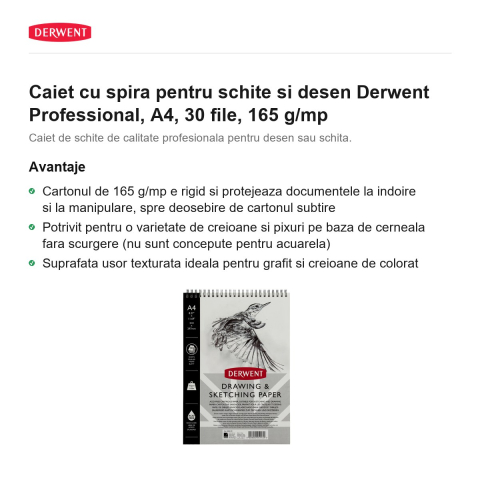 Caiet cu spira pentru schite si desen Derwent Professional, A4, 30 file, 165 g/mp [1]