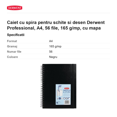 Caiet cu spira pentru schite si desen Derwent Professional, A4, 56 file, 165 g/mp, cu mapa [2]