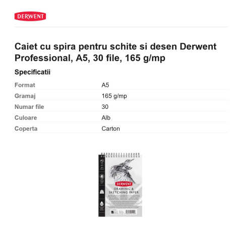 Caiet cu spira pentru schite si desen Derwent Professional, A5, 30 file, 165 g/mp [2]
