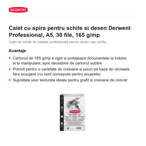 Caiet cu spira pentru schite si desen Derwent Professional, A5, 30 file, 165 g/mp [1]