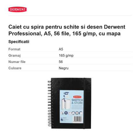 Caiet cu spira pentru schite si desen Derwent Professional, A5, 56 file, 165 g/mp, cu mapa [2]