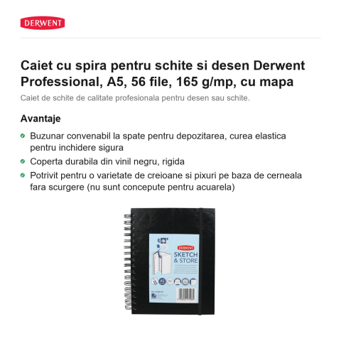 Caiet cu spira pentru schite si desen Derwent Professional, A5, 56 file, 165 g/mp, cu mapa [1]