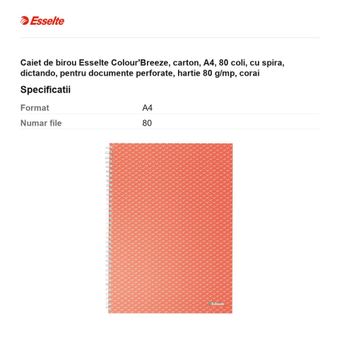Caiet de birou Esselte Colour'Breeze, carton, A4, 80 coli, cu spira, dictando, pentru documente perforate, hartie 80 g/mp, corai [2]